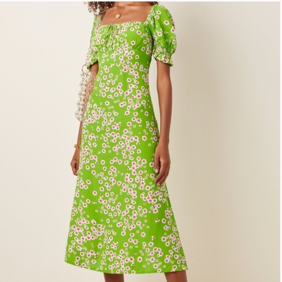Faithfull the Brand Evelyn Midi Dress Milk maid Floral print Lime green Pink XS - Picture 1 of 5